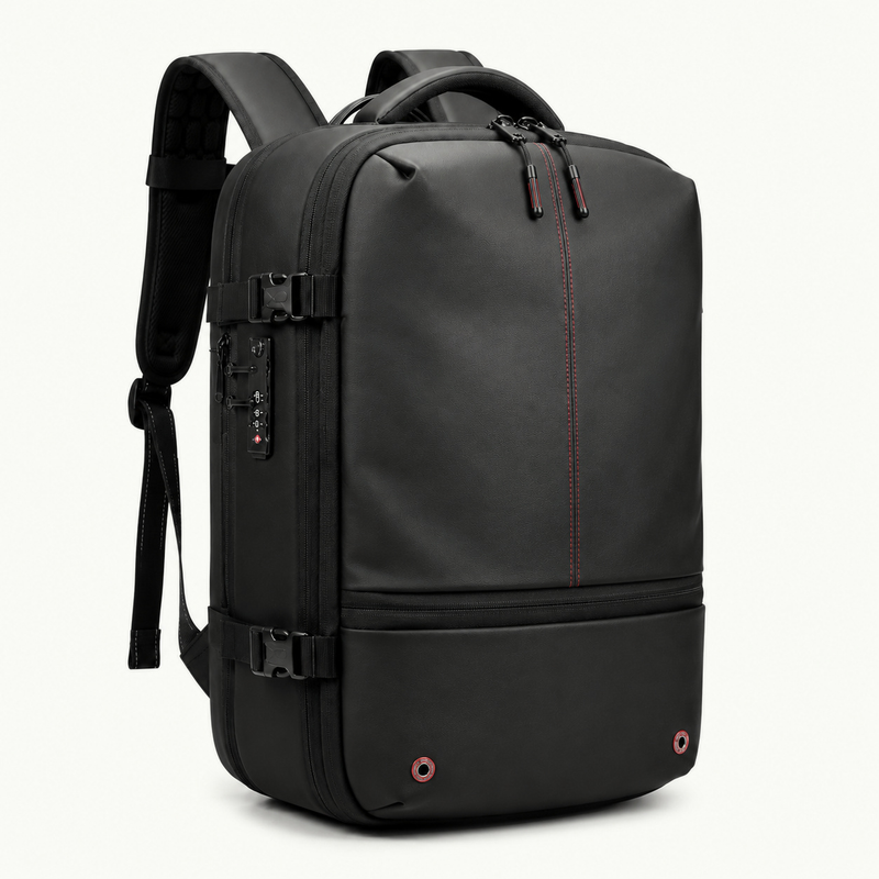 Sac à dos de voyage à compression, vue avant avec surpiqûre rouge