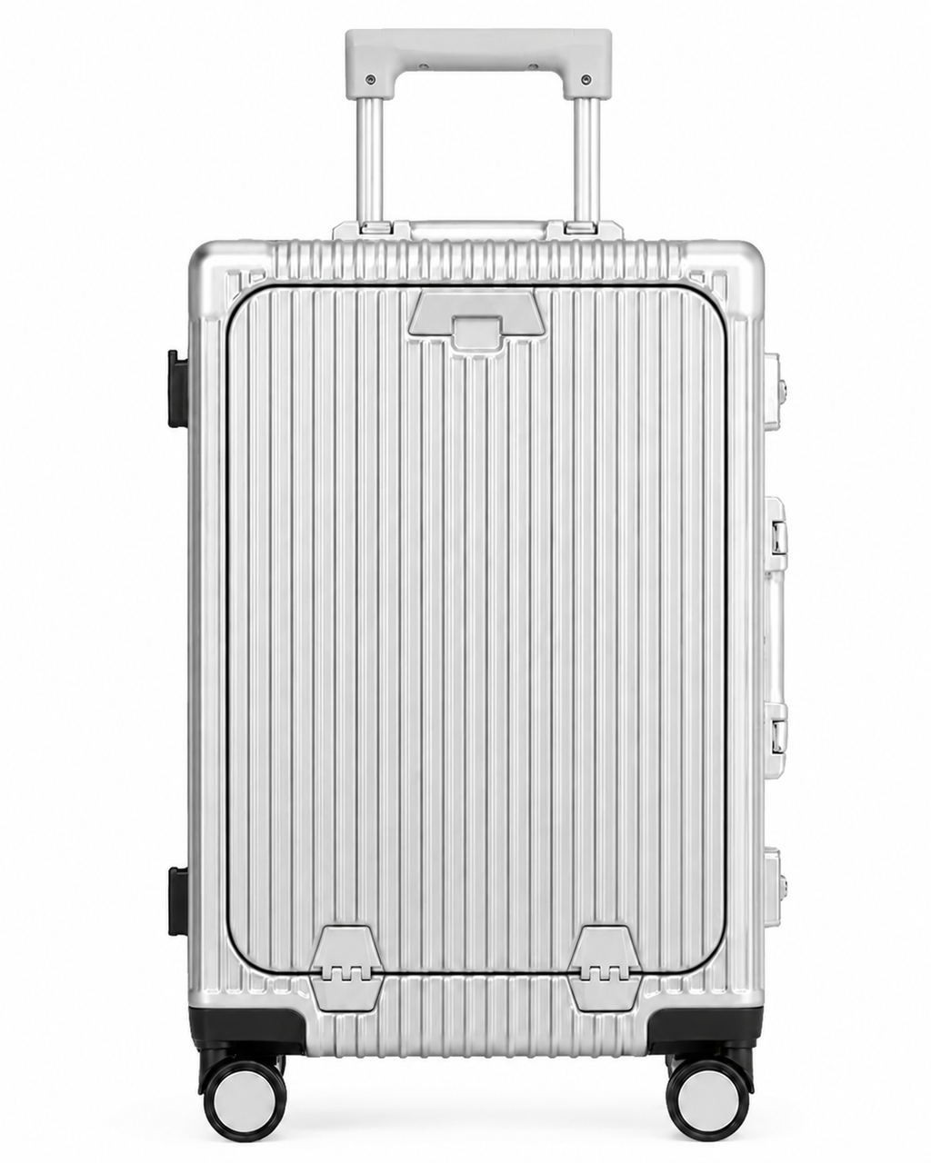 Valise cabine intelligente Cabinova argentée – vue de face, coque rainurée, poignée télescopique sortie et ouverture frontale