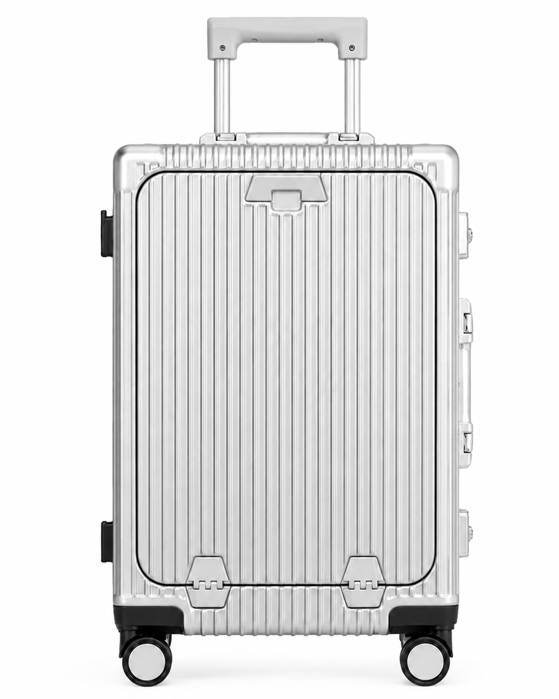 Valise cabine intelligente Cabinova argentée – vue de face, coque rainurée, poignée télescopique sortie et ouverture frontale