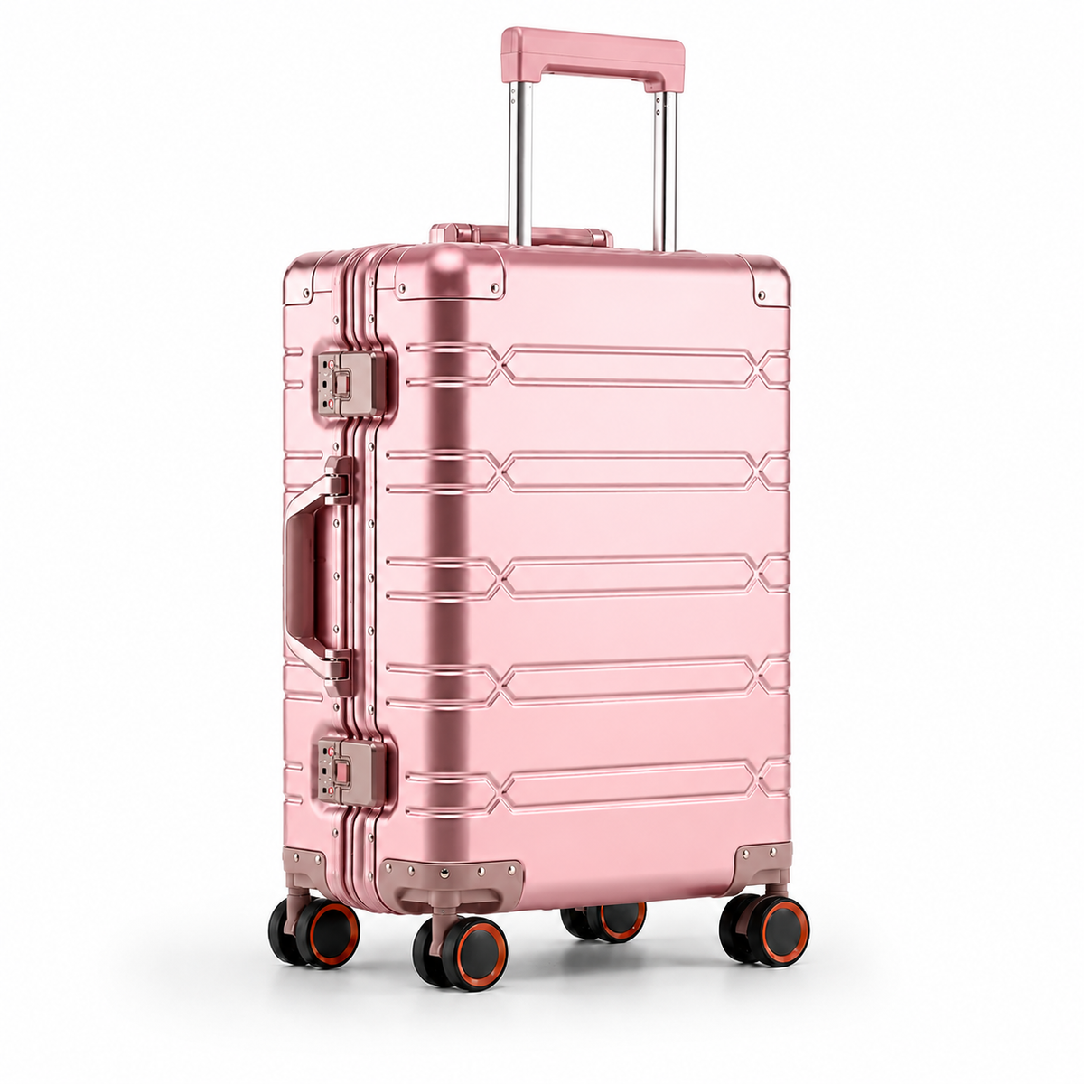 Valise cabine Cabinova premium or rose – vue trois-quarts, coque alliage aluminium-magnésium à rainures