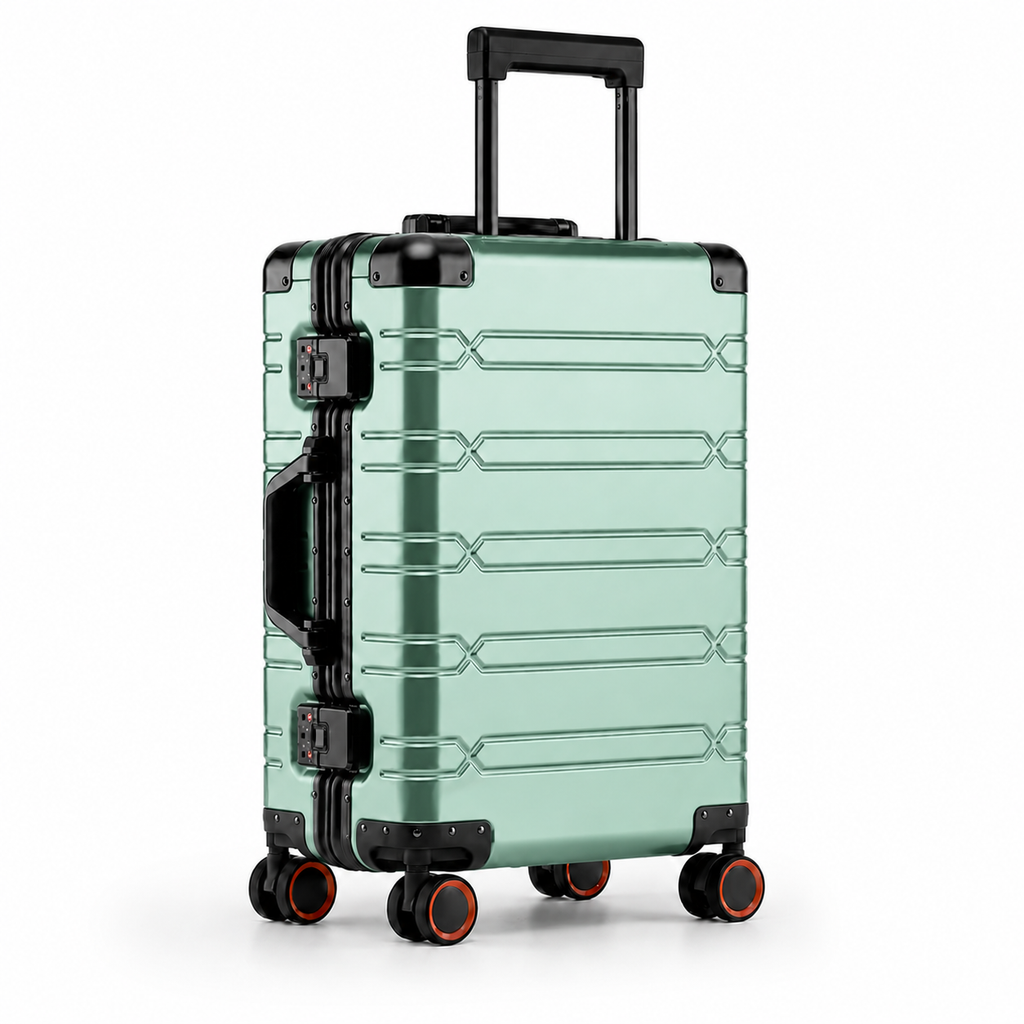 Valise cabine Cabinova premium vert foncé – vue trois-quarts, coque rigide à rainures et roues 360°