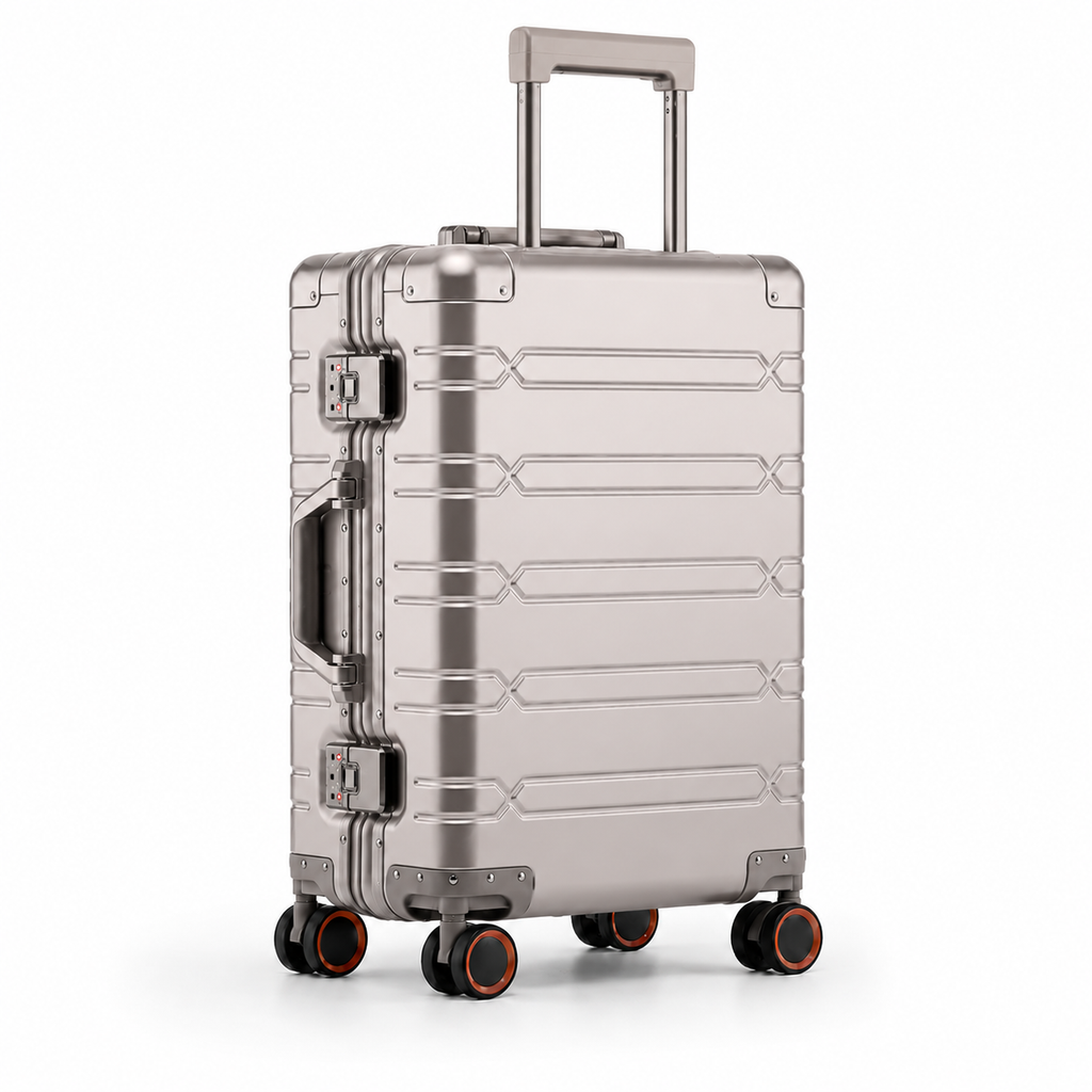 Valise cabine Cabinova premium – vue trois-quarts, coque alliage aluminium-magnésium à rainures, finition métallisée claire