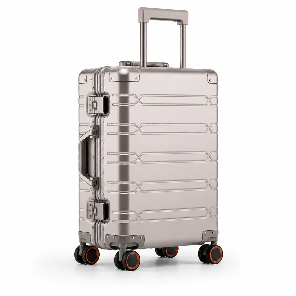 Valise cabine Cabinova premium – vue trois-quarts, coque alliage aluminium-magnésium à rainures, finition métallisée claire