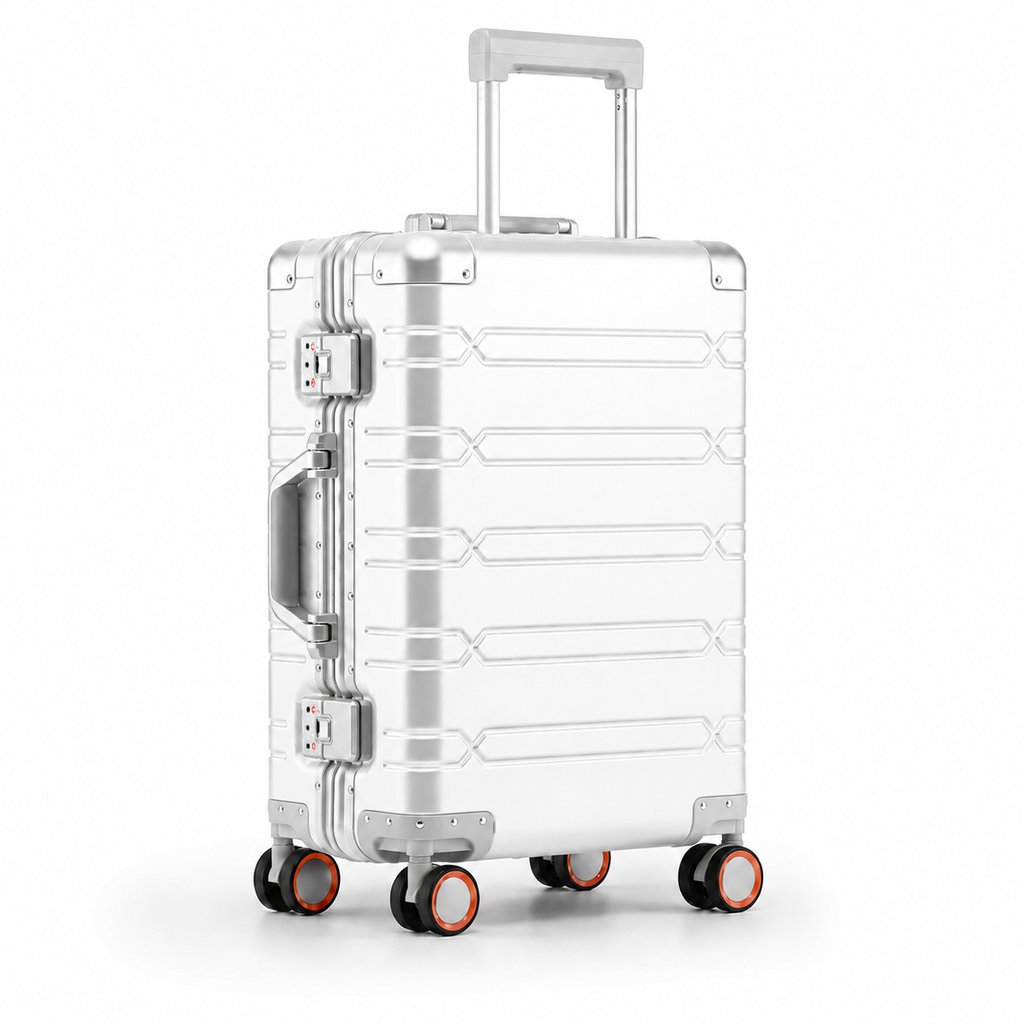 Valise cabine Cabinova premium blanc argenté – vue trois-quarts, coque rigide à rainures et roues 360°