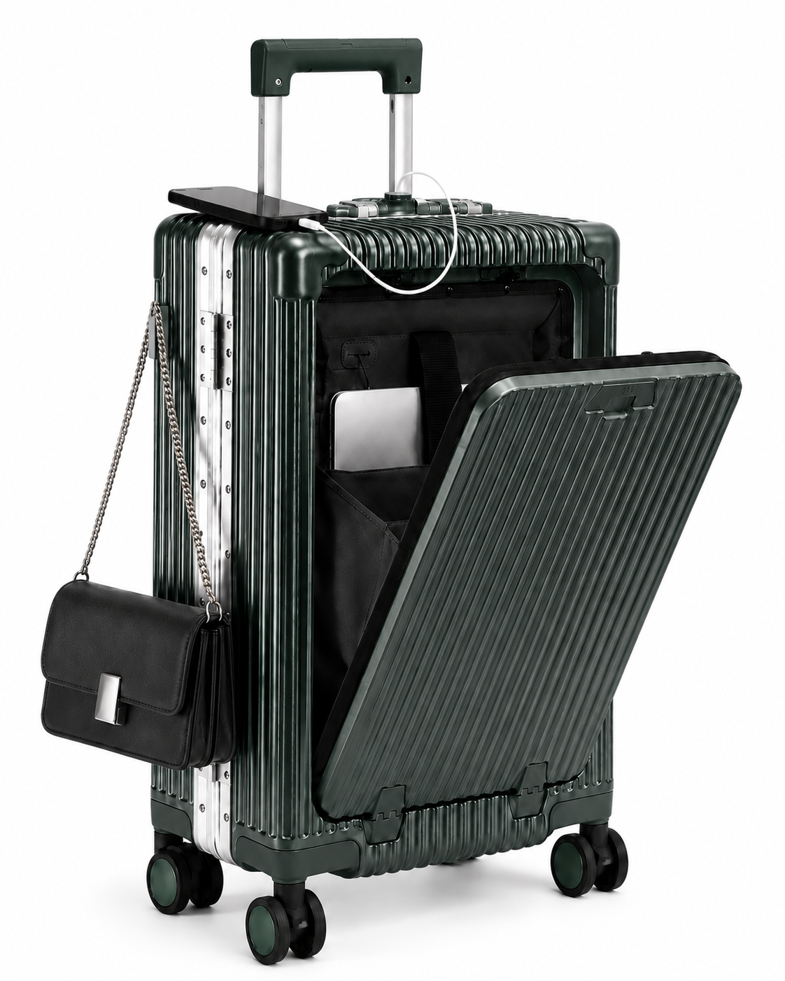Valise cabine Cabinova intelligente vert foncé – ouverture frontale avec compartiment ordinateur et port USB de chargement