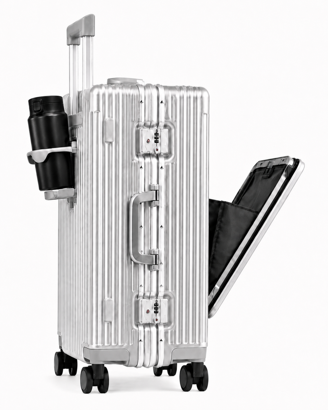 Valise cabine Cabinova intelligente – ouverture frontale ouverte révélant le compartiment et le porte-gobelet