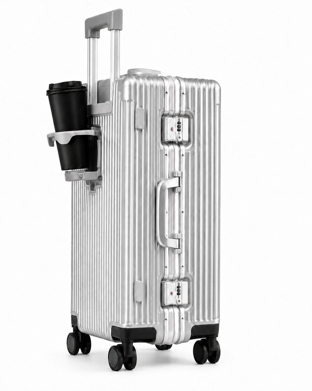 Valise cabine Cabinova intelligente argentée – vue latérale avec porte-gobelet intégré