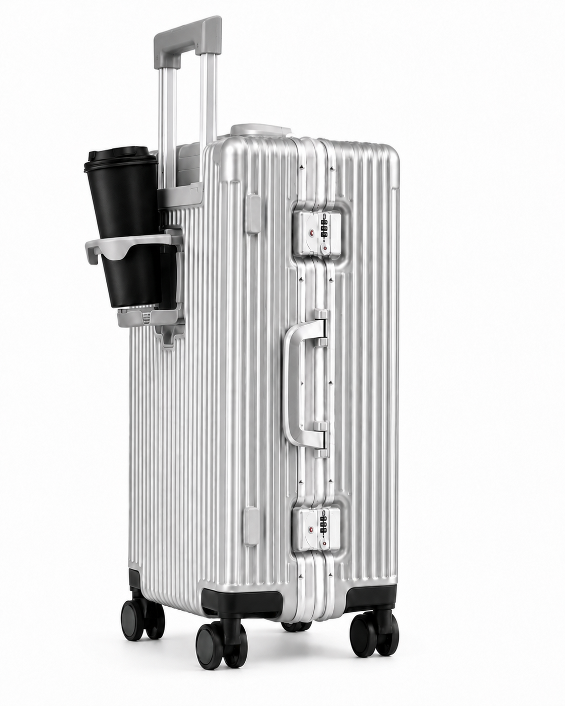 Valise cabine Cabinova intelligente argentée – vue latérale avec porte-gobelet intégré