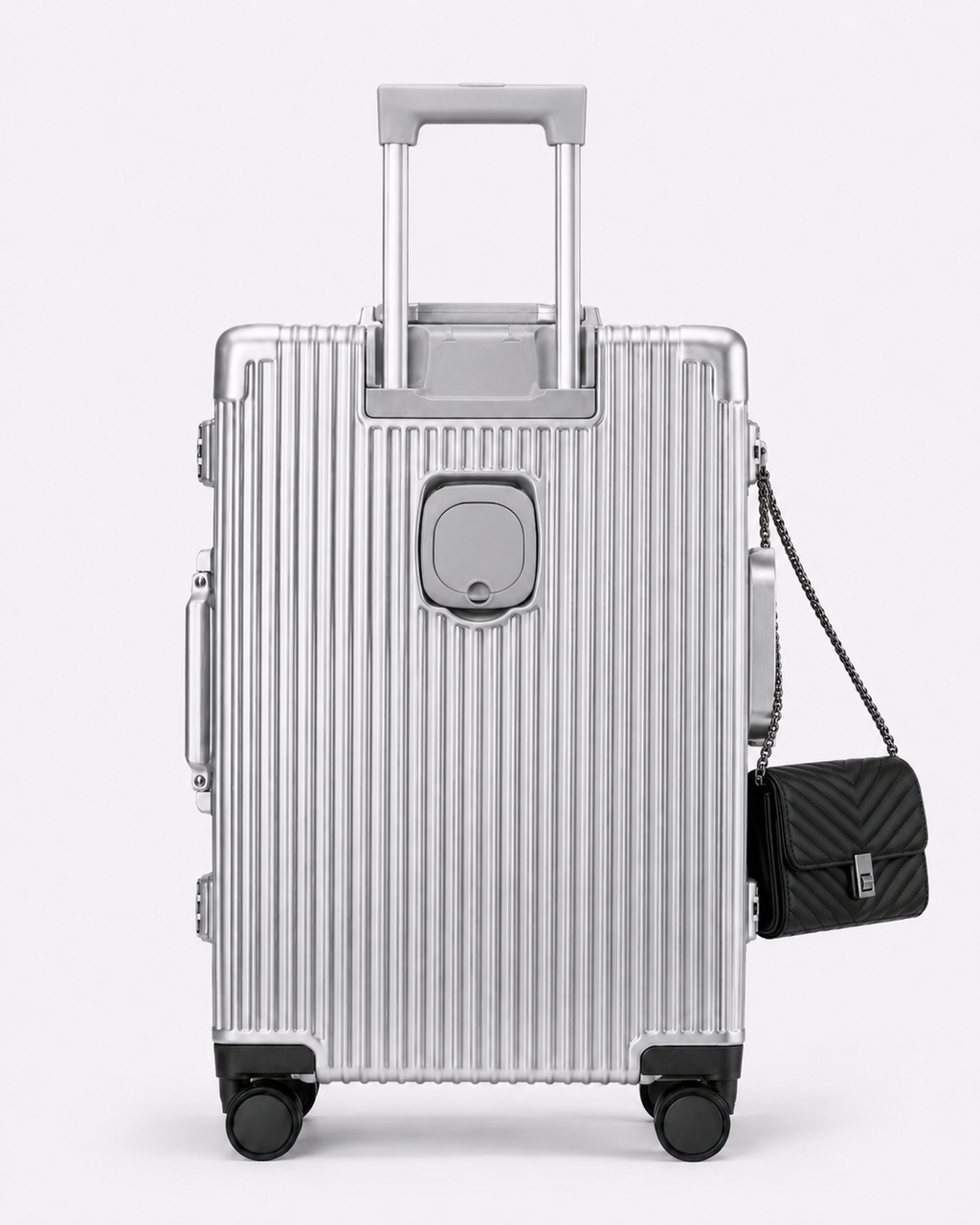 Valise cabine Cabinova intelligente argentée – vue de dos trois-quarts avec pochette amovible