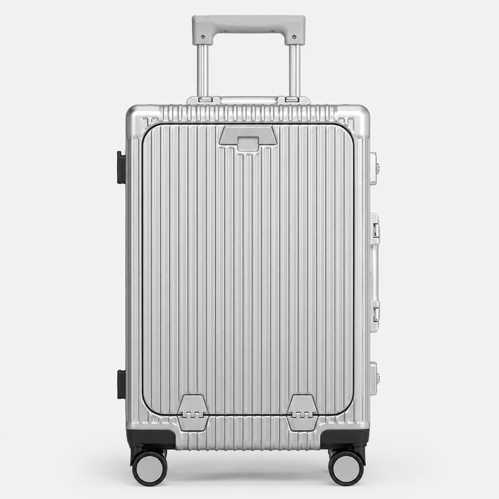 Valise cabine Cabinova intelligente argentée – vue de face, coque rigide à rainures et poignée télescopique
