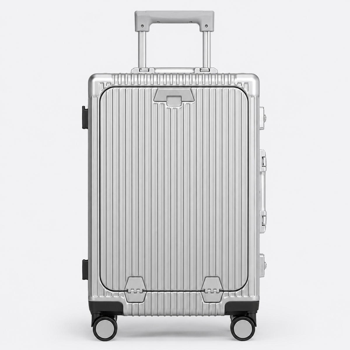 Valise cabine Cabinova intelligente argentée – vue de face, coque rigide à rainures et poignée télescopique