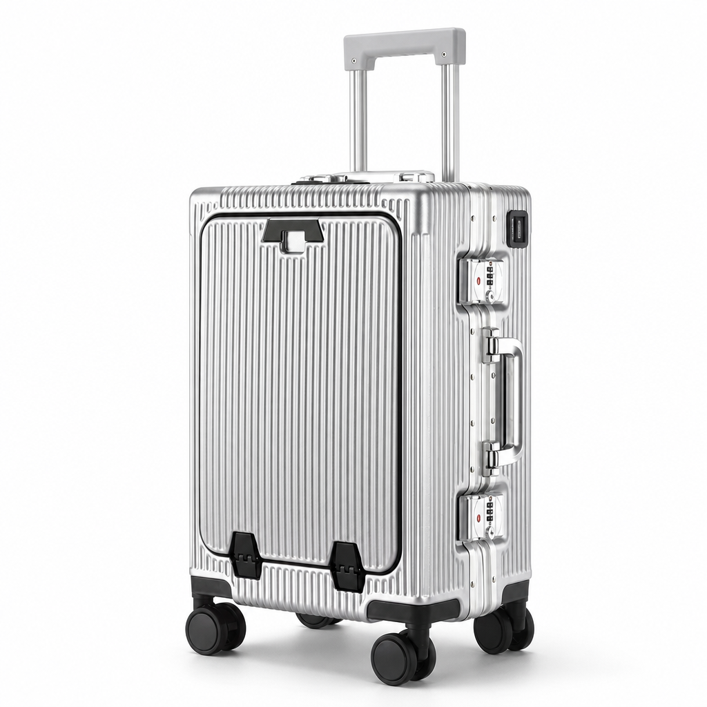 Valise cabine Cabinova intelligente argentée – vue arrière trois-quarts, coque à rainures et roues 360°