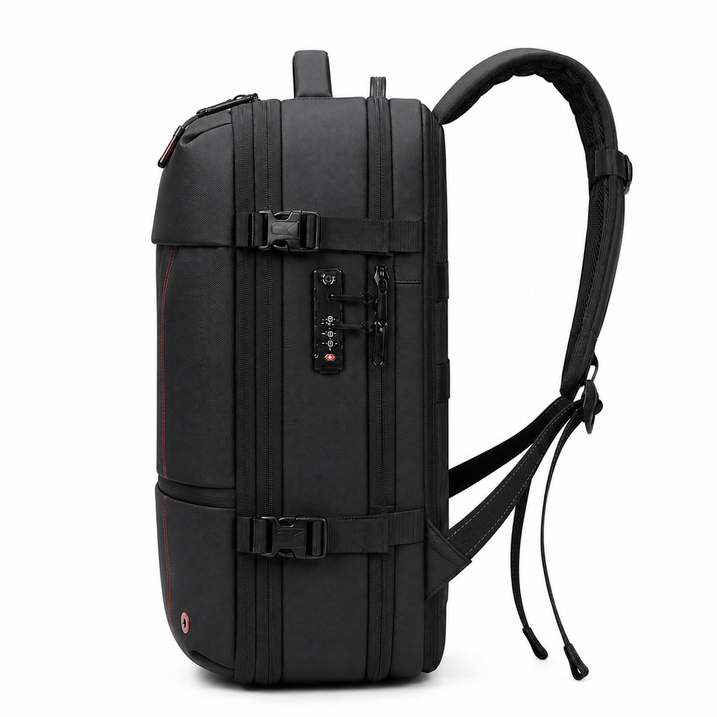 Sac à dos de voyage — profil gauche avec serrure à combinaison