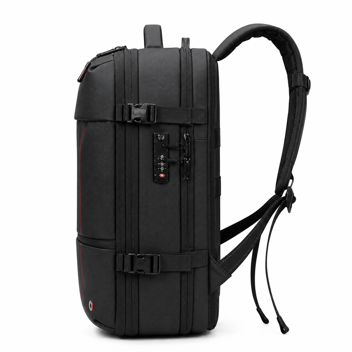 Sac à dos de voyage — profil gauche avec serrure à combinaison
