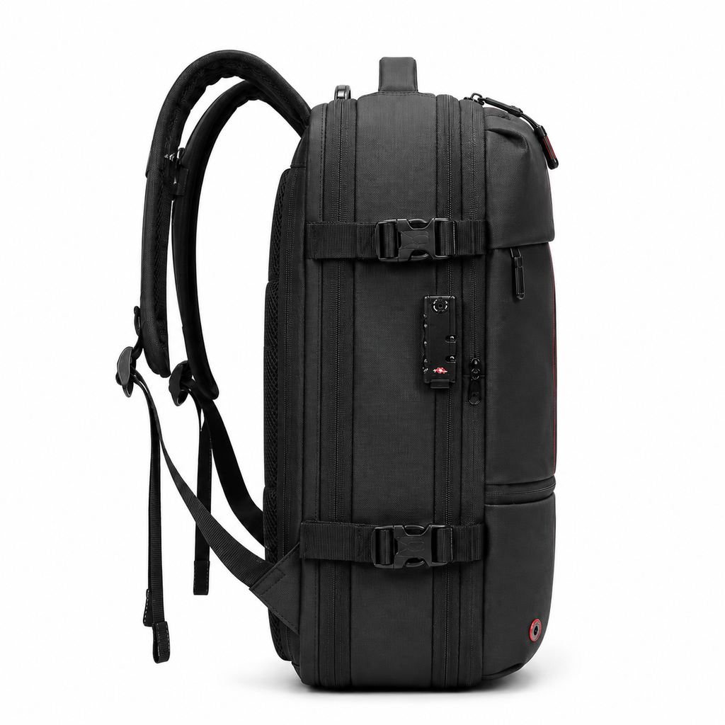 Sac à dos de voyage — profil droit avec sangles de compression