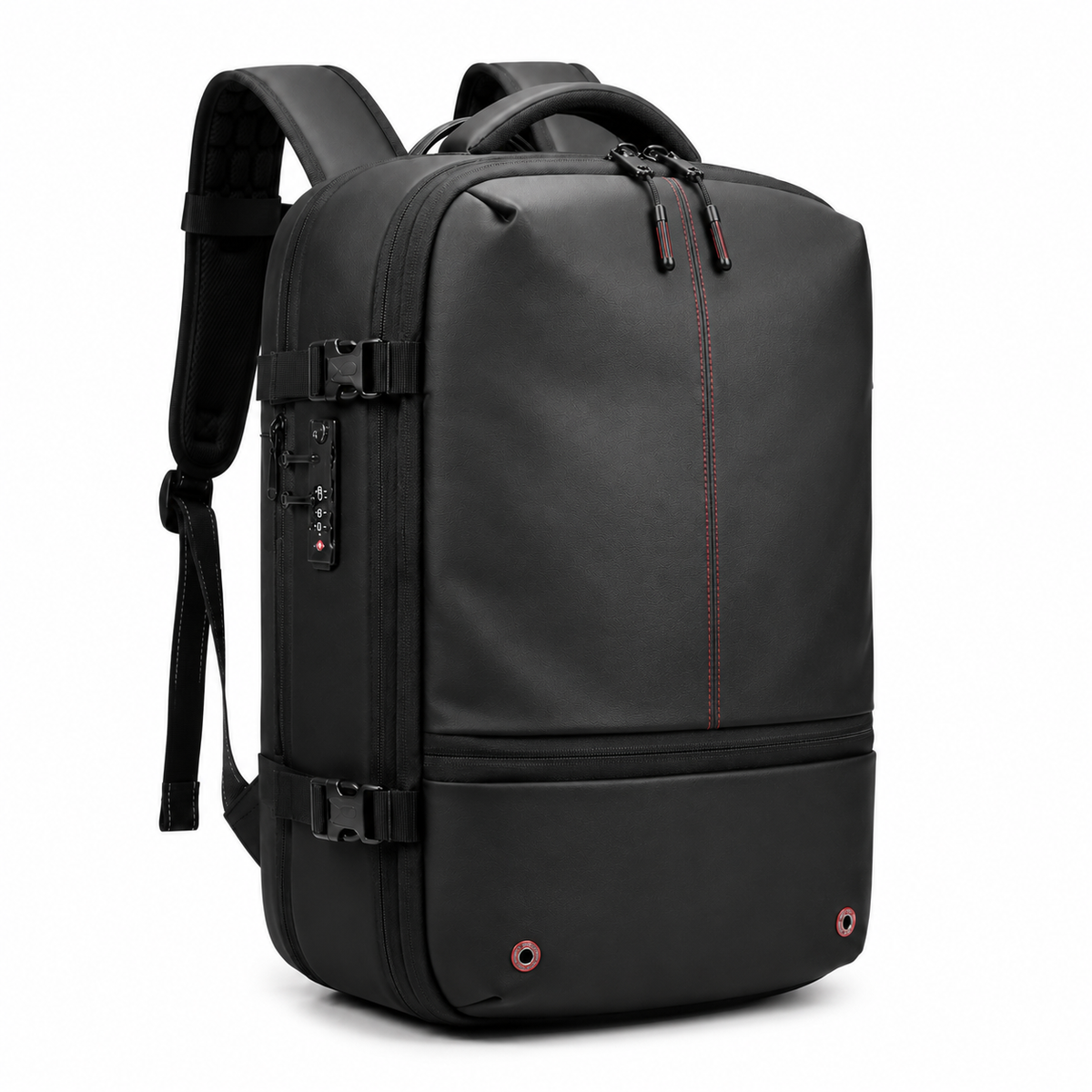 Sac à dos de voyage à compression — vue avant avec surpiqûre rouge