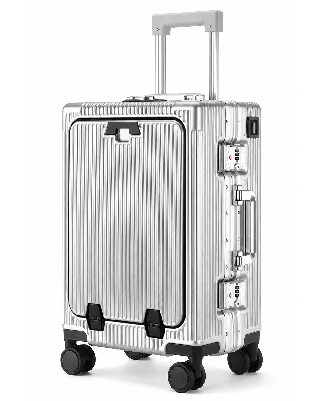 Valise cabine intelligente Cabinova argentée – vue trois-quarts, ouverture frontale, serrures à combinaison TSA et poignée télescopique